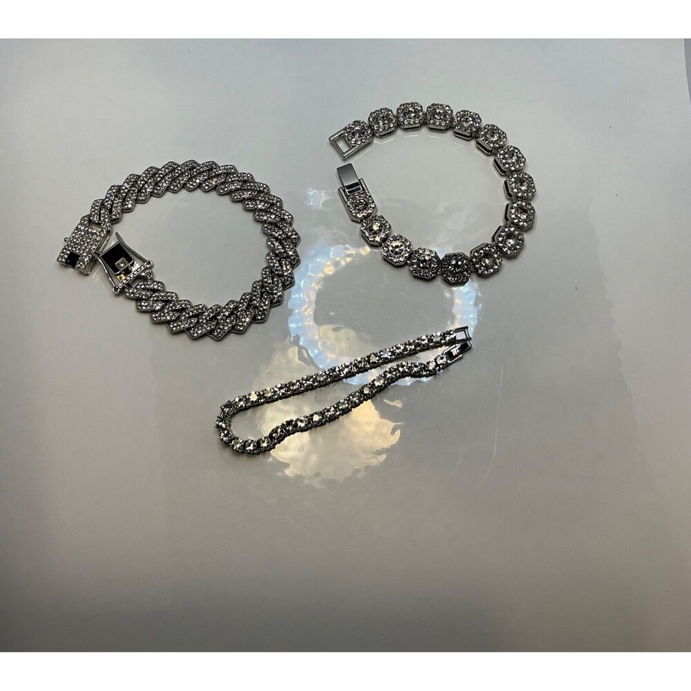 New 3 Tennis Bracelet Lot Men Women Teen CZ Silver Tone Chunky Cubic Zirconia